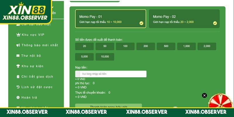 Nạp tiền vào ví tài khoản Xin88 nhanh chóng qua ví điện tử